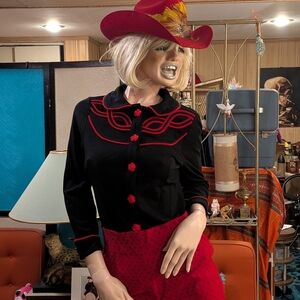 Voodoo Vixen Black Blouse with Red Buttons